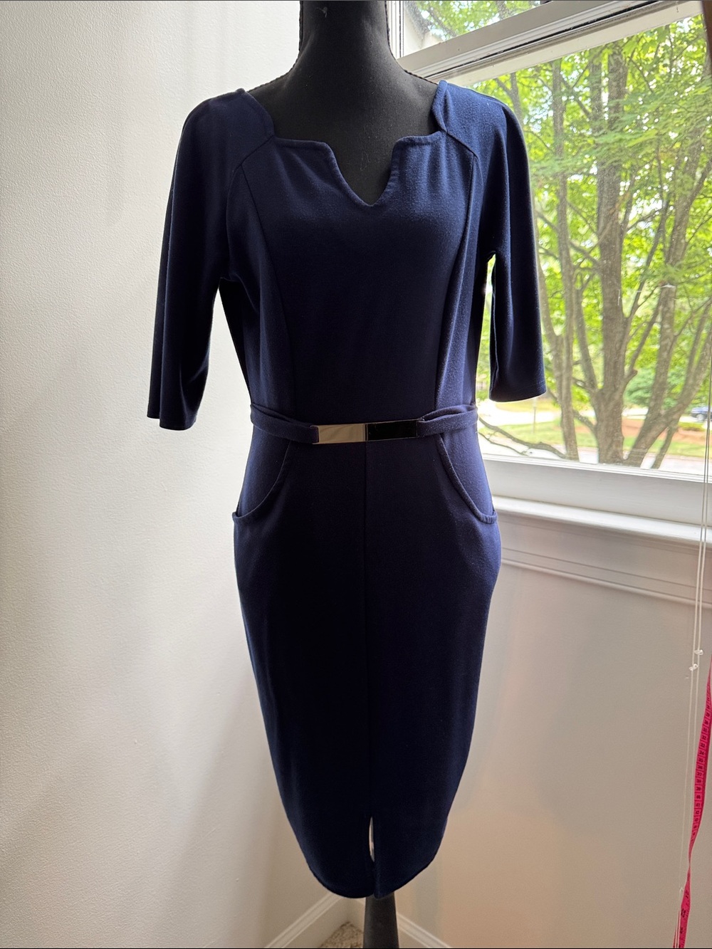 Sophisticated Navy Midi Sheath Dress with Accent Belt